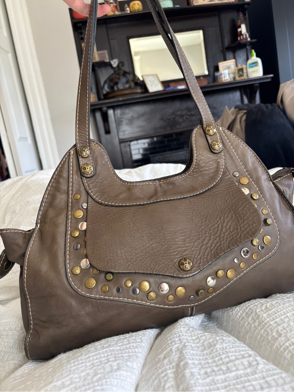 Patricia Nash Ergo Studded Brown Leather Handbag Gold Hardware Velvet Interior
